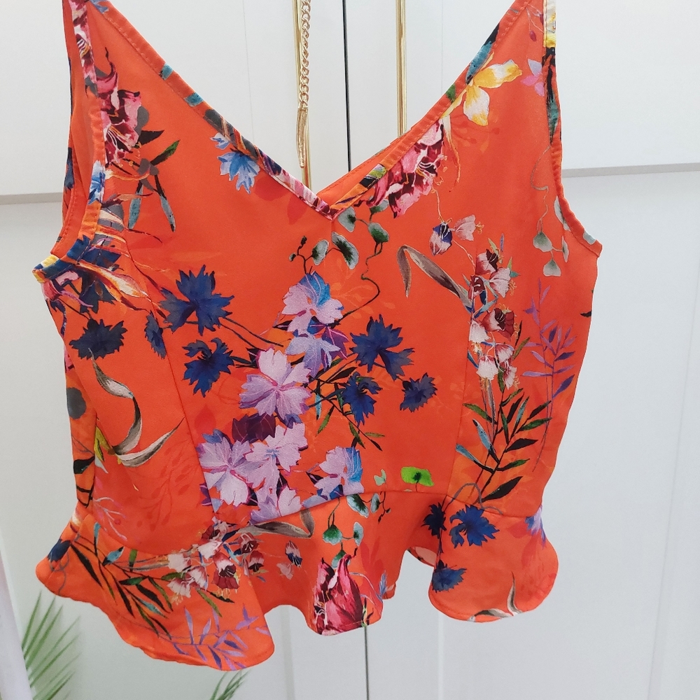 River Island orange floral summer strappy top size 12 - Picture 6 of 8